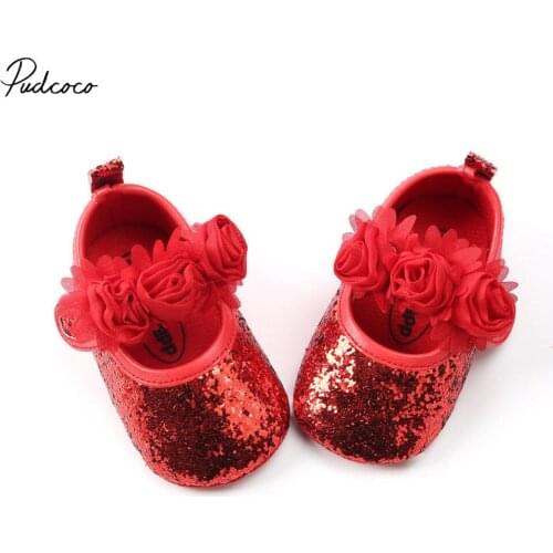 Pudcoco Newborn Infant Baby Girls Crib Shoes Sequin Floral Anti-slip Sneakers 0-18 Months Helen115