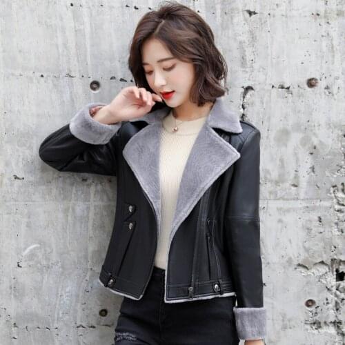 Oversize Winter Women Leather Jacket Plus Velvet Warm Female Faux 2021 New Fashion Turn Collar Office Lady Coat Black Khaki