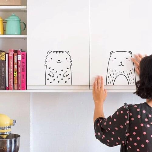 Cute Animal Bear Tiger Cat Lovely Vinyl Wall Decals Kitchen Cabinet Art Cartoon Wall Stickers For Kids Room Wardrob Wall Decor