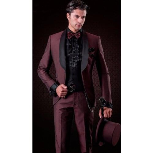 Fashion Slim Fit Burgundy Groom Tuxedos(Jacket+Pants+Tie+Vest) Excellent Groomsman Men Formal Business Party Blazer Suits Men