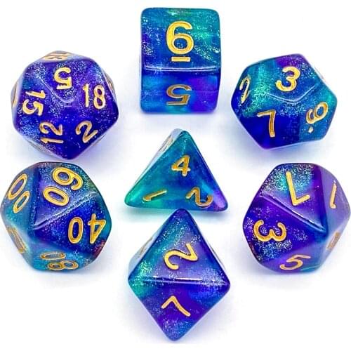 7Pcs/Set with Glitter Purple Green DND Dice Set D4 D6 D8 D10 D% D12 D20 Polyhedral Dice for Role Playing Board Game DND RPG MTG