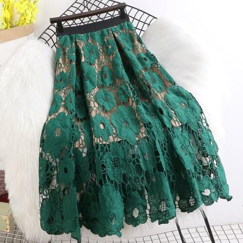 2021 Autumn Winter Women New Elastic Waist Thinner Mid-Length Zipper Hollow Crochet Lace Skirt Female