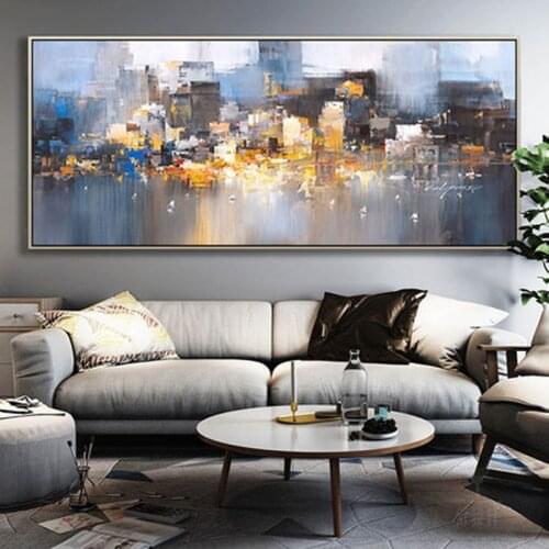 Hand Painted Abstract Oil Painting Wall Art City Building Landscape Minimalist Modern On Canvas Decorative For Living Room