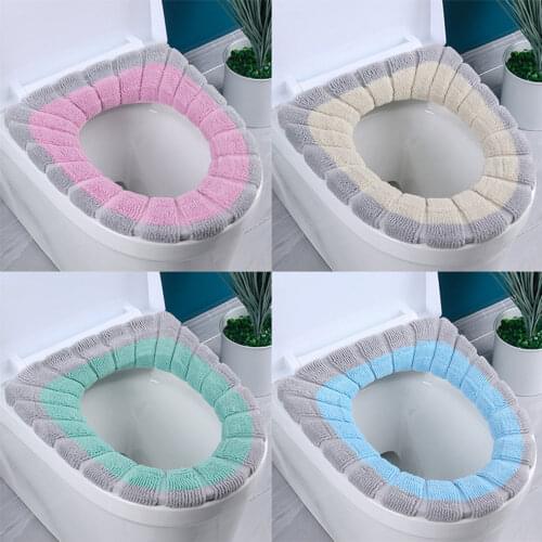 Warm Soft Toilet Seat Mat Thick Plush Color Block High Elasticity Toilet Lid Cover Detachable Hose Winter Bathroom Accessories