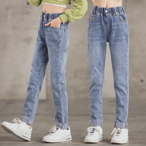 Kids Girls Skinny Jeans Autumn Casual Ripped Pants Teenager Solid Denim Trousers Fashion Slim Fit Jeans for Girls 6 8 10 13 14Y