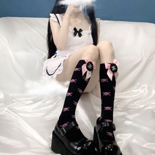 Japanese Lolita Women Knee High Tube Socks Harajuku Evil Skull Skeleton Printed Sweet Bowknot Gothic Long Stockings