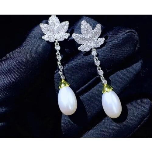 Plant natural fresh water pearl drop earring 925 sterling silver with cubic zircon leaf maple fine women jewelry daily wear