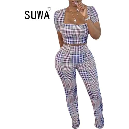 Best match high street fashion elegance women two piece wide leg pants matching sets crop top tunic + high waist trousers