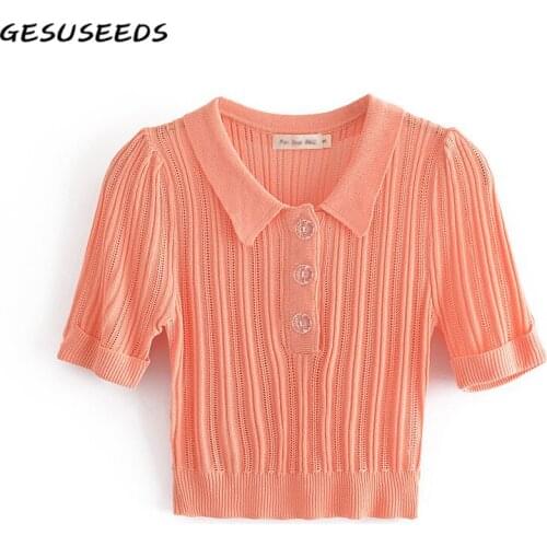 Knitted cropped sweater women 2021 summer elegant pullover cute short sleeve sweater turn down collar hollow out sweater orange