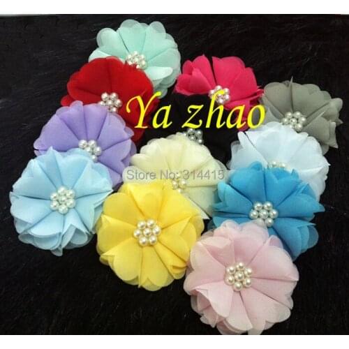 2.5" chiffon silk flower with pearl, girls Headband flower 60pcs/lot, mixed 12colors, free shipping