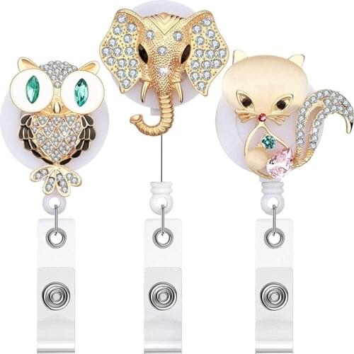 3Pcs Retractable Badge Reel Owl Elephant Badge Holder With Alligator Clip, Name Card ID Badge Reel Clip For Volunteer