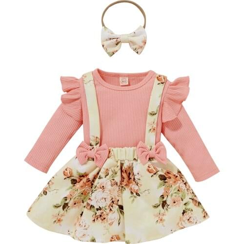 Toddlers Baby Flying Sleeves + Suspender Skirt + Bow Headband Girls Flower Pattern Elastic Waist Spring Clothing
