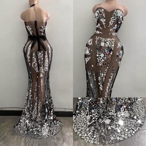 Women party girl stage show Sequin Transparent Net Long Dresses Sexy see through mirror dress Birthday Celebrate Dress