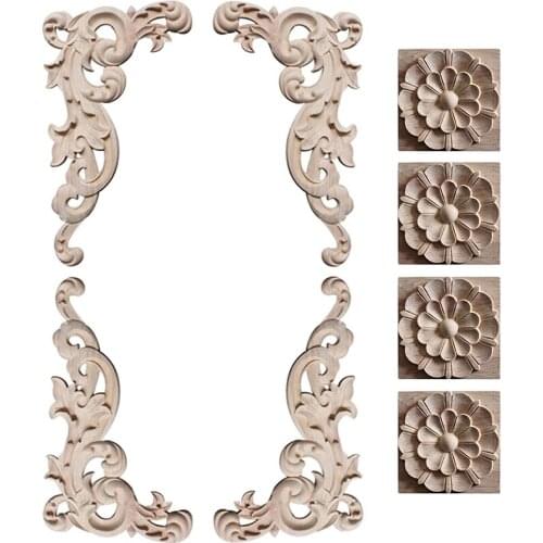 European Style Wood Carved Decal Corner Onlay Applique Furniture Decorations Unpainted Flower Decal for Furniture Dec