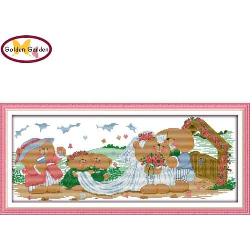 GG Wedding of Bear Andrew Stamped Cross Stitch 11 14CT DIY Kit Needlework Embroidery Cartoon JoySunday Cross Stitch Set for Kids