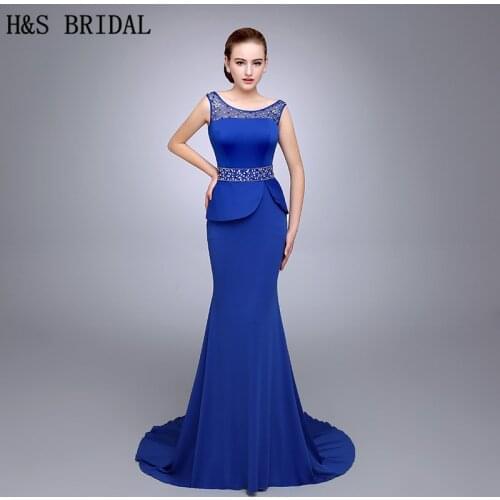 HS14 Shimmering Around Neck Beaded Work Yoke Mermaid Silhouette Floor Length With Straps Blue Long Prom Dresses