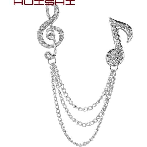 HUISHI Music Lapel Metal Tassel Chain Rhinestone Music Note Brooch For Men Suit Double Chain Lapel Pins Music Jewelry Gift
