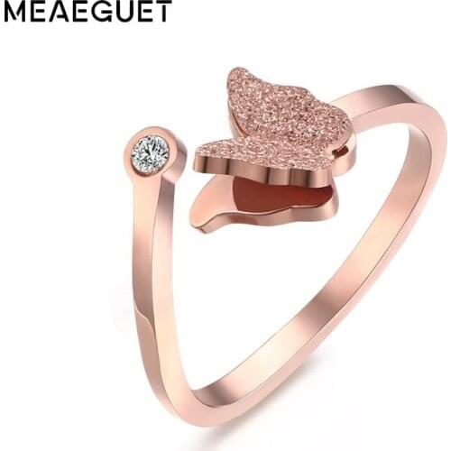 Meaeguet Wedding Fashion Rose Gold Color Jewelry Ring Inlaid CZ Crystal Butterfly Opening Club Party Adjustable Rings