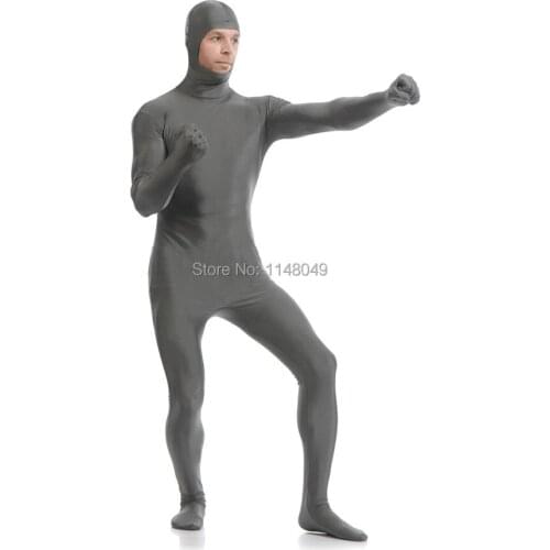 Open Hood Gray Spandex Zentai Suit Spandex Bodysuit