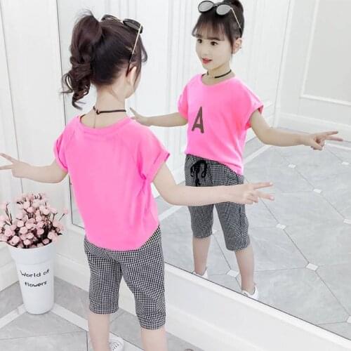 2PCS Toddler Kids Girl Clothing Set Tops + Black Color Plaid Short Outfits Children Summer Clothes Sets For 3 4 6 8 10 12 Yrs