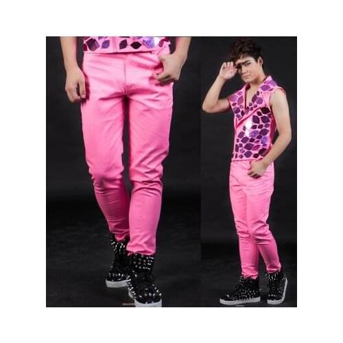 Pink Singer costumes cotton pants men 1 pants man stage trousers mens pants Original design personalized Provide custom