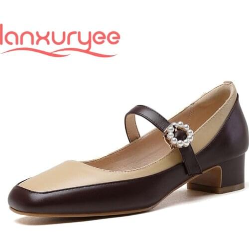 Lanxuryee 2021 retro fashion genuine leather mixed colors square toe thick med heel buckle straps gorgeous dress women pumps L13