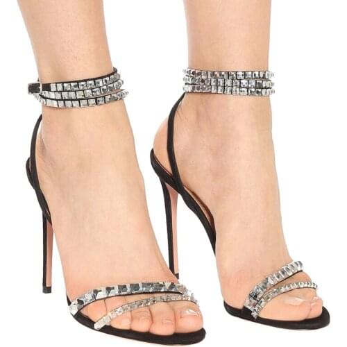 Summer Glitter Rhinestone Strap Wedding Sandals Women Thin Heel Ankle Strap Crystal Sandal Woman Peep Toe Party Dress Shoe