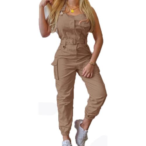 Macacao Feminino Overalls for Womens Casual Sleeveless Sashes Side Pockets Khaki Beam Feet Jumpsuits Ropa Talla Grande De Mujer