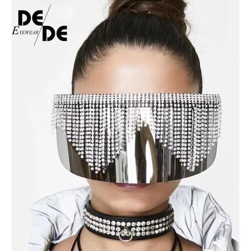 Fashion Rhinestone Oversized Mirror Sunglasses Women Men Luxury Big Frame Mask Diamond Eye Protection Silver Glasses Shade UV400