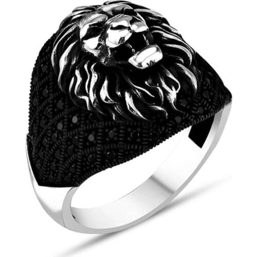 Men Handmade Silver Ring With Animal Leon Motif and Mini Black Zircon Stone Made in Turkey Solid 925 Sterling Silver