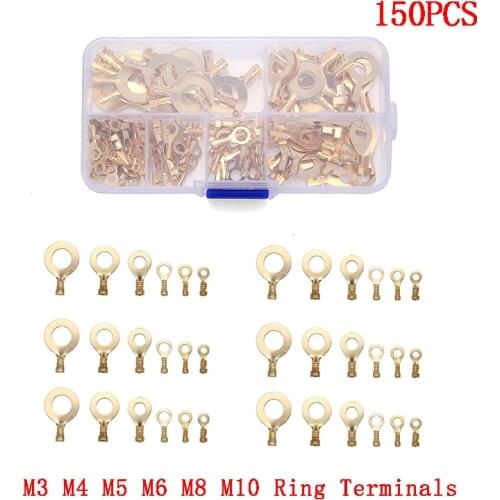 Newest 150PCS Ring Cable Lug Ring Eye M3-M10 Round Lug Connector Terminals Brass Non-insulated Crimp Terminals Connectors