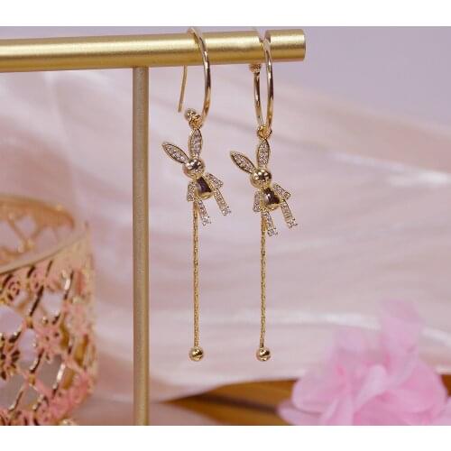 New Design Fashion Jewelery Crystal Rabbit Long Exquisite 14K Real Gold Plated Earrings for Woman Holiday Party Elegant Earring