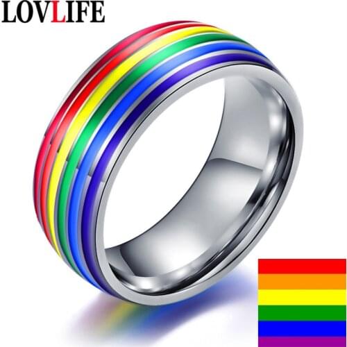 Men Women Rainbow Gay Ring Colorful LGBT Homosexual Couple Rings Stainless Steel Wedding Band Lebian & Gay Rings Drop Shipping