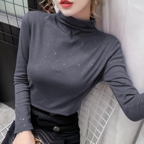 Autumn Winter Shiny High Elasticity T shirt Women Solid Tops Stretchy Long Sleeve Plus Size S-XXL Turtleneck T-shirt Bottoming