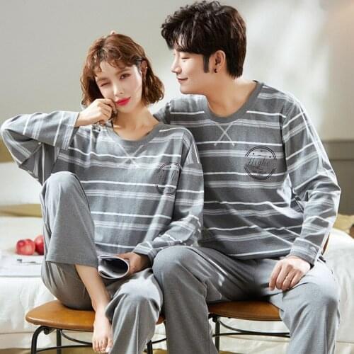 Couple Womens Pajamas Set Simple Deep-Gray Stripe Sleepwear Women Long Sleeves Long Pants Winter Home Clothes Cotton Pyjamas