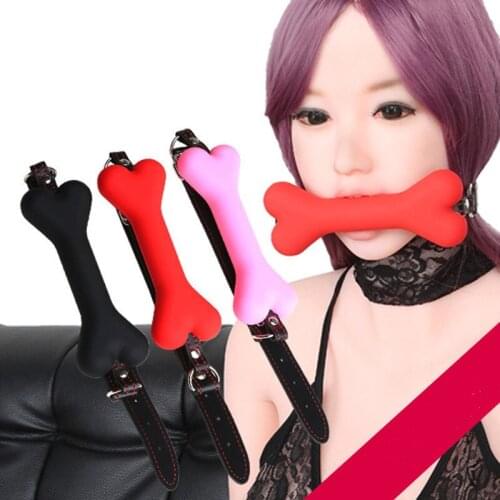 Pin buckle lock solid leather harness mouth silicone dog bone ball gag BDSM mouth plug couple flirt female products