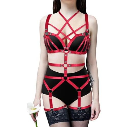 Hollow Out Women Harness Bra Elastic Garter Cage Bra Full Body Harness Festival Garter Belt Plus Size Rave Bralette Stocking Set