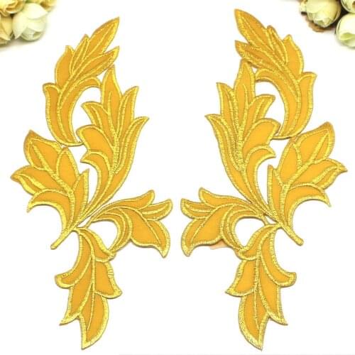 YACKALASI 3D Gold Flower Appliqued Lace Trims Mirror Pair Embroidered Patches Iron on Cosplay Lace Trims Silver 22cm*11CM