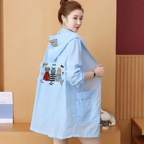 #5381 Blue Red Green Yellow Long Jacket Women Cartoon Printed Coat Loose Thin Casual Windbreaker Zipper Outerwear Coat Summer