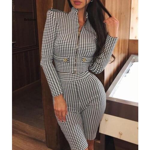 Women Zipper Tops High Waist Shorts 2 Piece Sets Fashion Sets Long Sleeve Outfits Houndstooth Printed Tight Shorts Suit