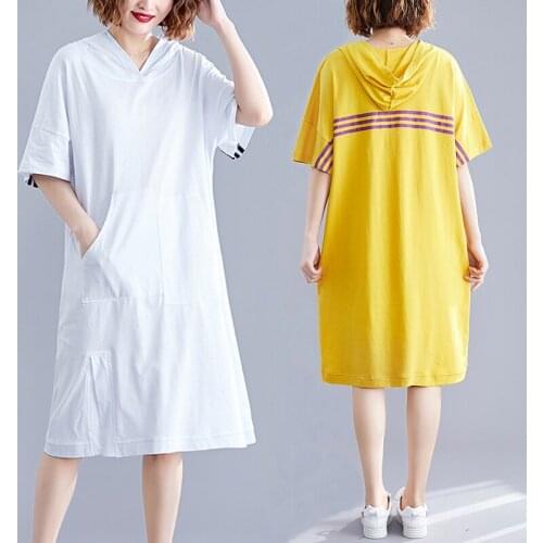 Make summer new big yards loose personality long literary hooded T-shirt dress with short sleeves