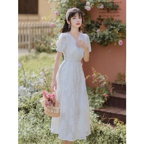 2021 Summer New Womens Puff Sleeves Show Thin Temperament v-Neck Girly Dress Retro Party Wedding Mid-Length White Dress