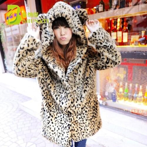 Winter Women Faux Fur Coat Cute Animal Ear Hooded Coats Fashion Leopard Long Overcoat Thick Warn Furry Jacket