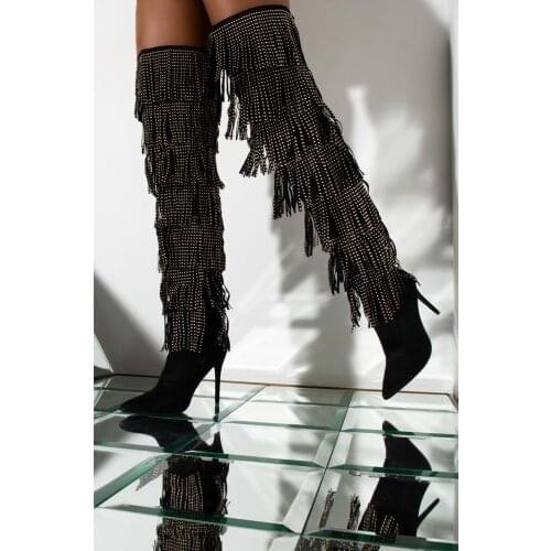 2020 Winter Fringe Overknee Boots Women Luxury Designer Crystal Party High Heels Shoes Woman Tassel Pointed Toe Thigh High Boots