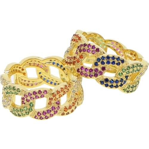 Free shipping delicate fashion sparking cz hip hop jewelry multi color rainbow cz cuban chain link engagement Gold color ring