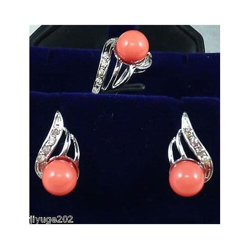 Free deliver Nobility Lucky Women beautiful plate coral earring ring 7 8 9# Set hook