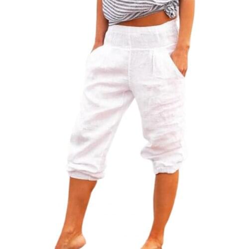 Summer Solid Color Womens Shorts Casual Sportspants Capri Pants Pockets Solid Color High Waist Loose 3/4 Trousers for Female