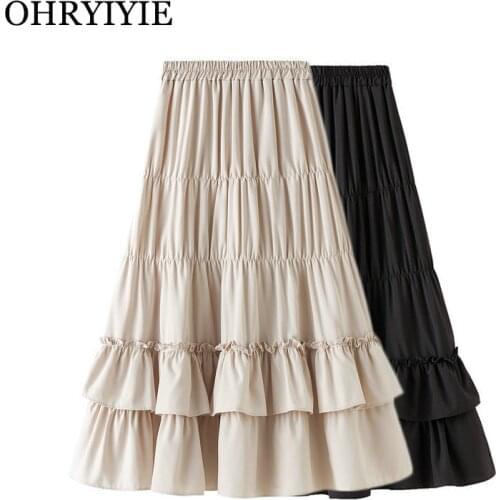 OHRYIYIE Fashion Women Long A-line Skirt Female Autumn Winter Ruffles Mid-Calf High Waist Pleated Skirts Womens Sun School Skirt