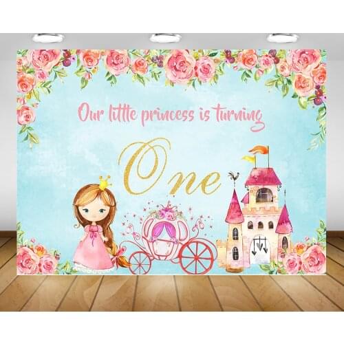 Our Little Princess is Turning One Birthday Party Photo Background Pink Carriage Royal Castle Flowers Backdrop for Photo Studio