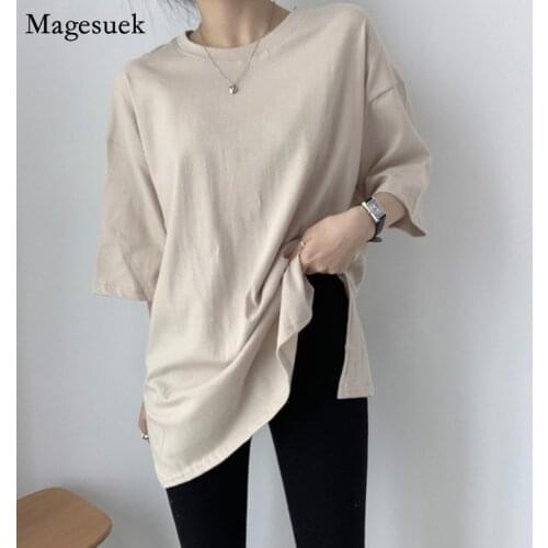 Casual Loose Oversized T-shirt Women 2021 Summer Solid White Tee Shirt Split Half-sleeve Base Cotton Woman T-shirts Tops 12507